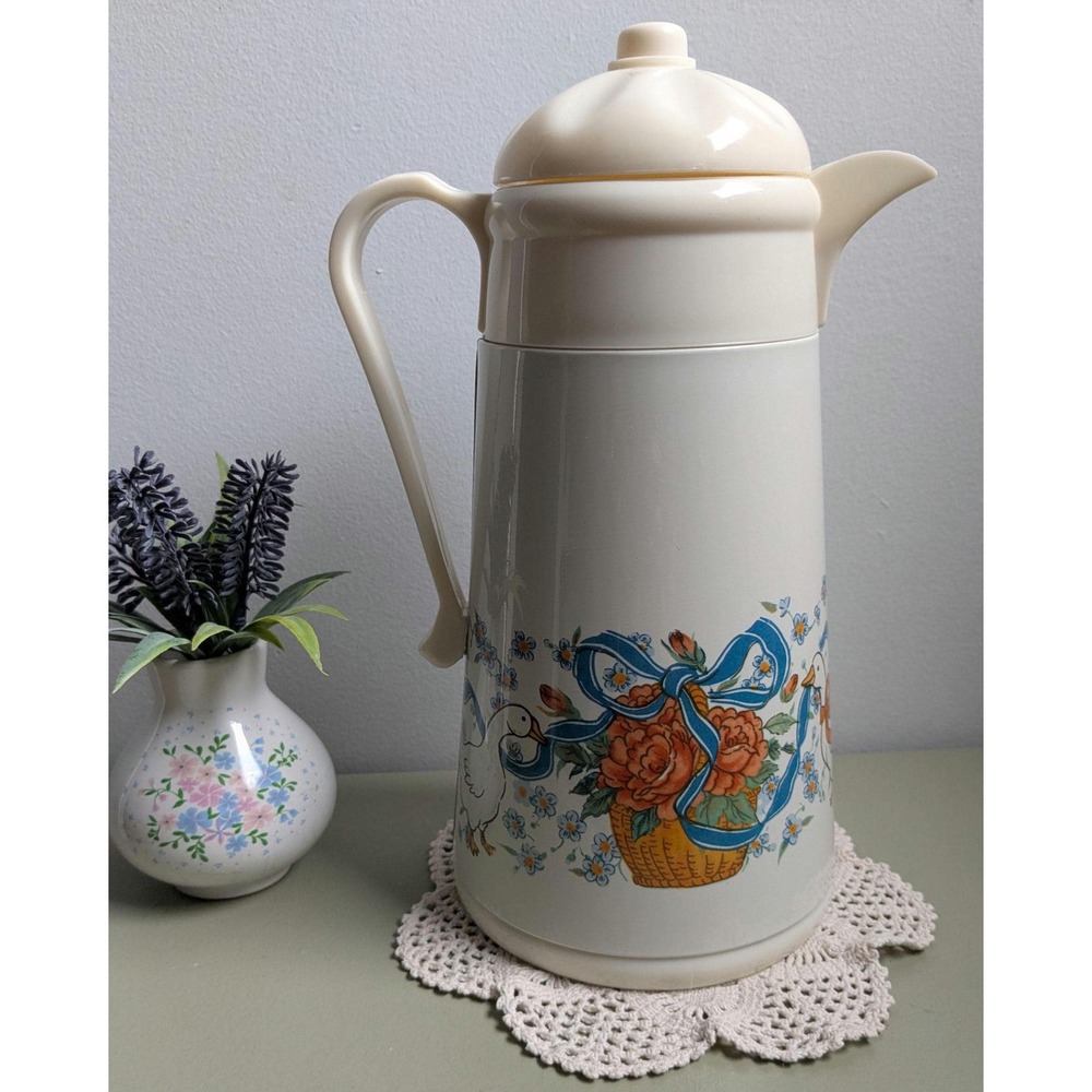 Vintage Goose Floral Airpot Thermos Pump Carafe Country Cottage Kitchen